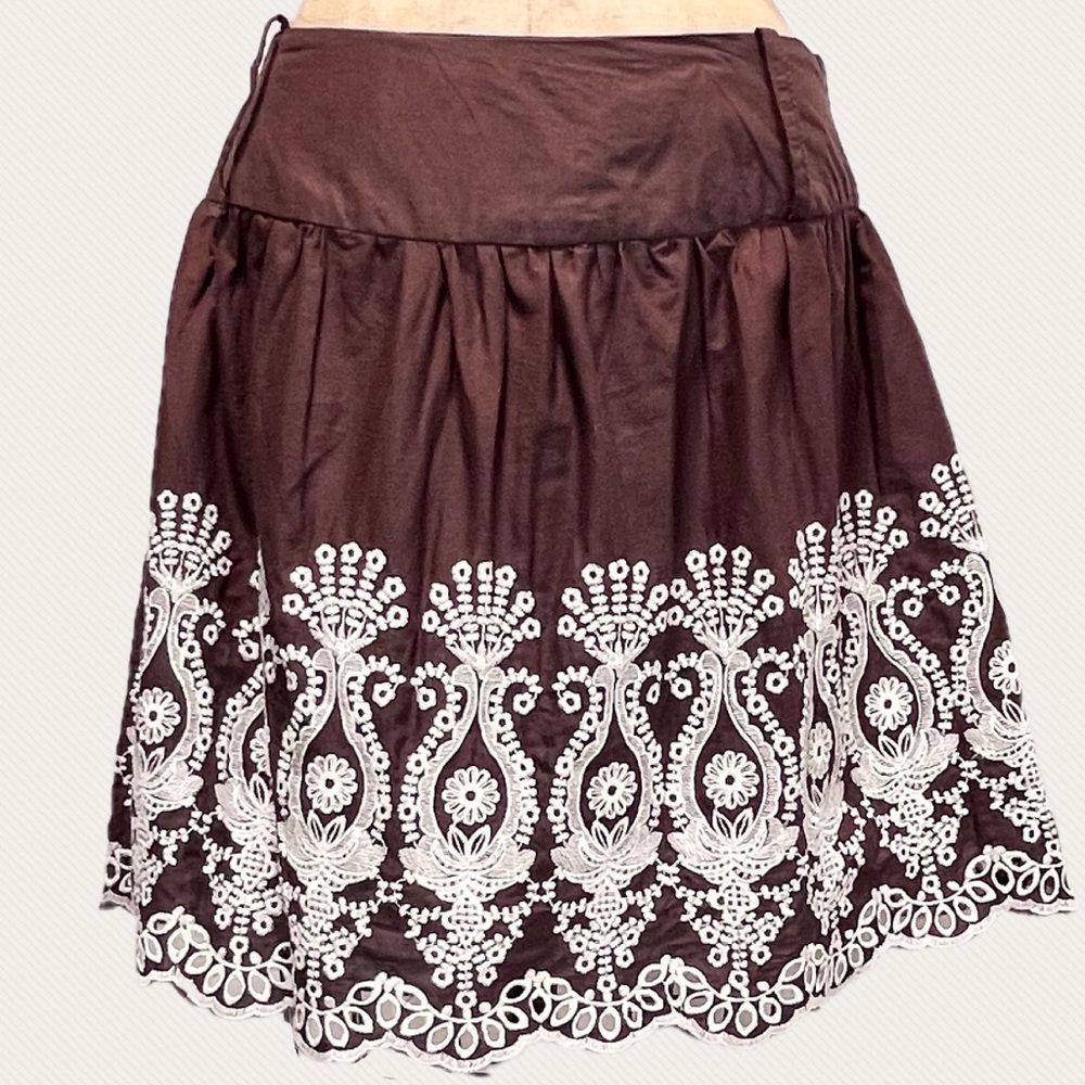 Chocolate brown‎ 100% cotton mini midi full a-line skirt embroidered floral